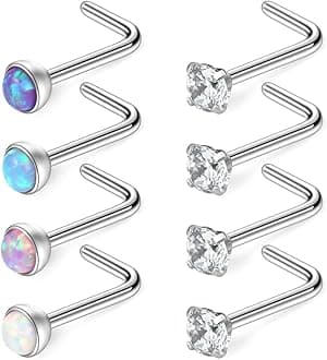 18G 316L Surgical Steel 1.5mm 2mm 2.5mm 3mm Jeweled Opal & Clear CZ Nose L-Shaped Rings Studs Ring Body Piercing Jewelry 8-16PCS
