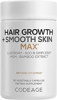 Codeage Hair Growth + Smooth Skin Max Vitamins Supplement - Patented Lustriva & SOD B Dimpless Superoxide Dismutase - Hair Growth Health Skin Cellulite Support - Biotin, Vitamin C, MSM - 30 Capsules