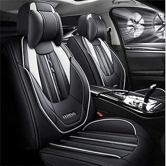 Luxury 5-Seat Car Seat Covers Fit for Nitro Full Set Cushion Leather Front Rear Seat Protectors Non-Slip Waterproof Durable Vehicle Seat Covers with Headrest(Black White)