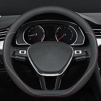 Carodi Latest Nappa Leather car Steering Wheel Cover, Stylish Non-Slip Leather car Interior 15 inches Universal (D-Shape,Black)