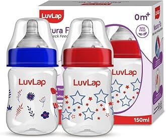 LuvLap Anti-Colic Wide Neck Natura Flo Baby Feeding Bottle, 150ml (Pack of 2), New Born/Infants/Toddler Upto 3 Years, Stars, BPA Free