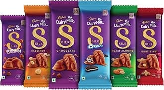 Cadbury Dairy Milk Silk Small Chocolates Combo (1xSilk Plain 60G,1xSilk Oreo 60G,1xSilk Bubbly 50G,1 x Silk Roast Almond with Whole Nuts 58 G,1 x Silk Fruit and Nut 55 G and 1 x Silk Hazelnut 58 G)