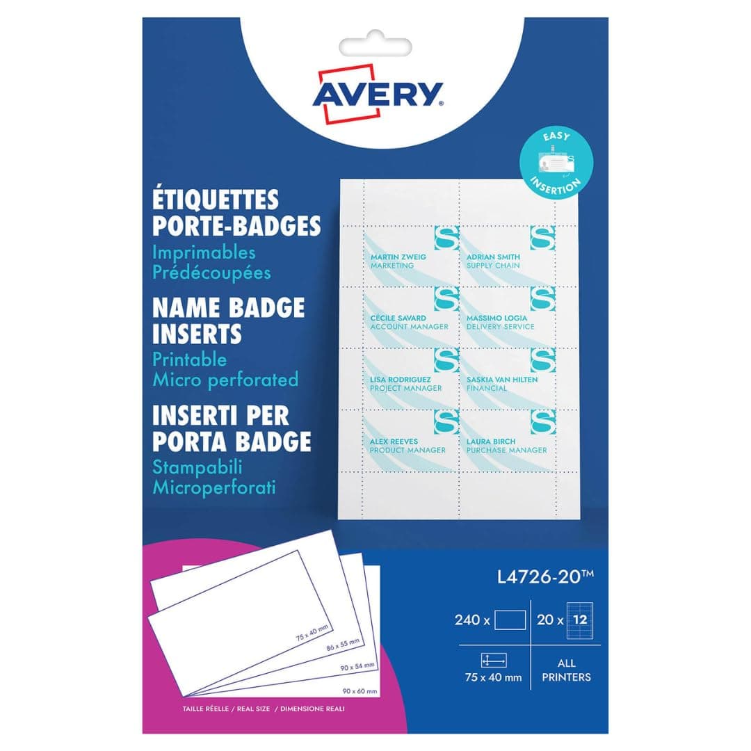 Avery L4726-20 Printable Name Badge Insert Refills (75 x 40 mm Inserts, Pack of 240) - White,Package May Vary