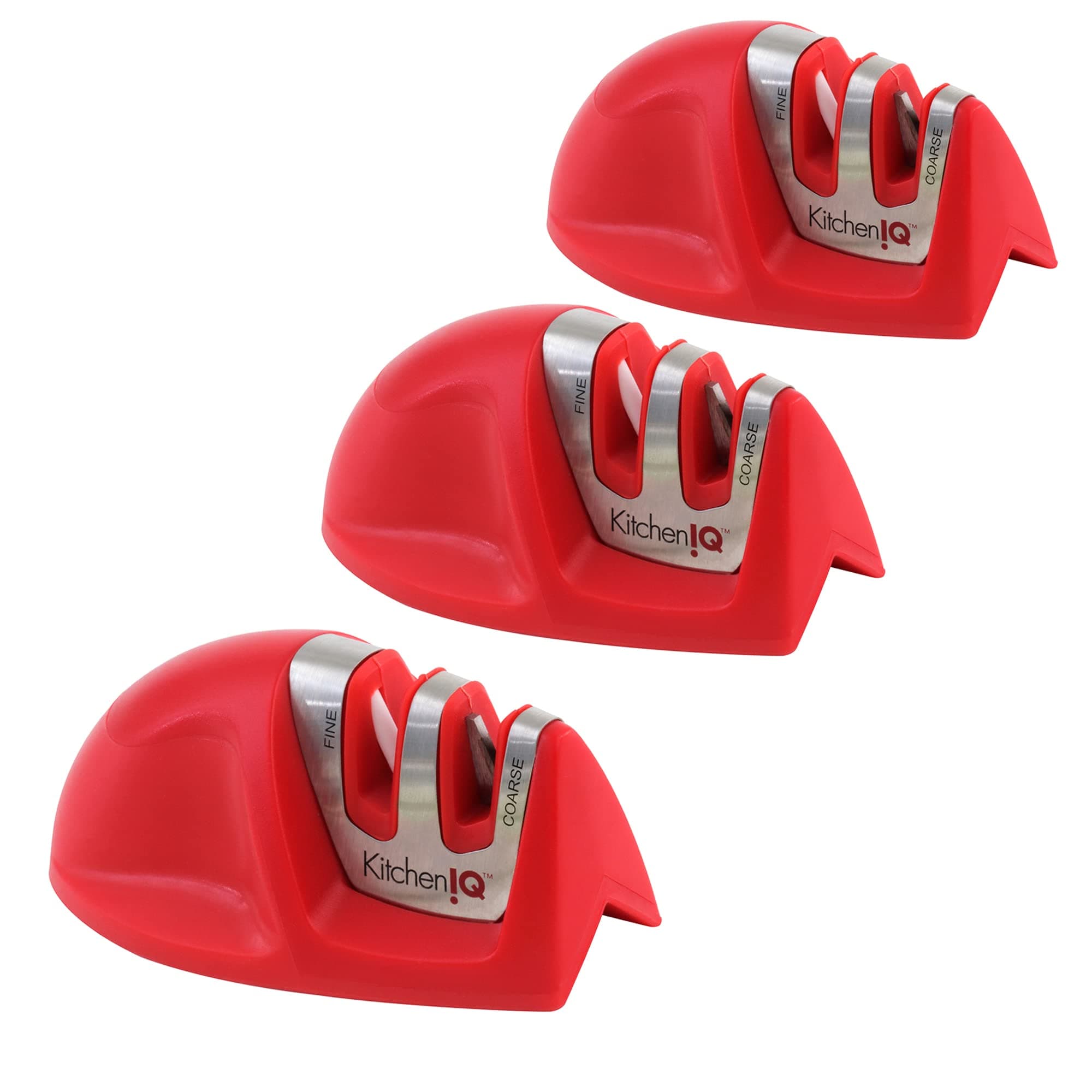 KitchenIQ 51421 | Edge Grip 2-Stage Knife Sharpener | Red – 3 Pack | Coarse & Fine Sharpener | Compact for Easy Storage | Stable Non-Slip Base | Soft Grip Rubber Handle | Straight & Serrated Knives