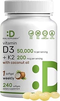 DEAL SUPPLEMENT Vitamin D3 50,000 IU + K2 MK7 200mcg Softgels, 240 Count | 2-in-1 Complex with Virgin Coconut Oil | Supports Heart, Bone, Teeth & Immune Health | Easy to Swallow