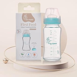 First Feed 240 ml Baby Feeding Glass Bottle with Anti-Colic Wide Neck, BPA Free Soft Silicone Nipple, Milk Feeder for New Born/Infants/Toddler Kids of 6+ Months (Sea Green)