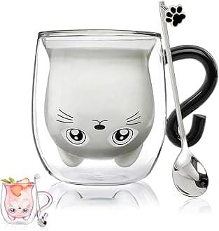 Cute Mugs Glass Double Wall Insulated Glass Espresso Cup, Coffee Cup, Tea Cup, Milk Cup (Black Cat)