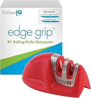 KitchenIQ 50883 - Edge Grip 2-Stage Knife Sharpener - Red - Coarse & Fine Sharpeners - Compact - Stable Non-Slip Base - Soft Grip Rubber Handle - Straight & Serrated Knives
