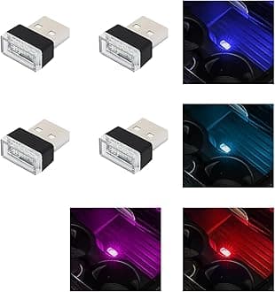 Augeny 4 PCS USB LED Car Interior Atmosphere Lamp, Plug-in USB Decor Night Light, Portable Auto Ambient Lighting Kit, Universal Vehicle Interior Accessories for Most Cars (Blue+Ice Blue+Red+Purple)