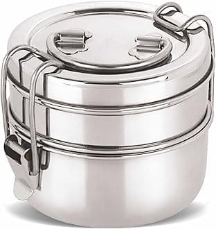 neelam Stainless Steel, 26 Gauge Two Compartment Tiffin Box with Lid, 800 ml (Tiffin Plate 7x2), Space Saving Handles, Traditional Tiffin Carrier for School and Office, Durable and Eco-Friendly