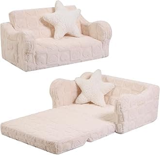 Extra Wider Seating Toddler Couch, 2-in-1 Toddler Soft Couch Fold Out with Star Pillow, Convertible Sofa to Lounger for Girls and Boys, Cream Heart