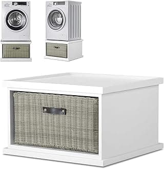 Tetbury white washing machine stand with storage basket. White laundry pedestal stand with drawer. Fully Assembled
