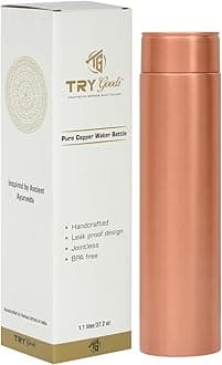 Copper Water Bottle 37.2 OZ/1.1 L Capacity Handmade Pure Copper Bottle for Drinking Plain Design with Healing Benefit Leak Proof Easy to Carry Ideal for Gym Hiking Sports & Office Use