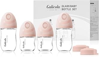 Gulicola Natural Glass Baby Bottles Set 4 Pack, Newborn Girl Breastfeeding Bottles with Slow Flow Nipples, 0 Months+, 3 oz & 5 oz - Pink