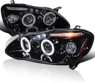 SPEC-D TUNING Halo LED Smoke Lens Glossy Black Housing Projector Headlights Compatible with 2003-2008 Toyota Corolla, Left + Right Pair Headlamps Assembly