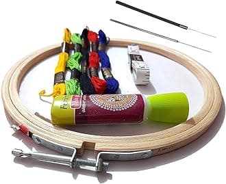 Dhruv Crafts Embroidery Beginners Kit Starter Kit for Beginners Embroidery Frame, Floss, Cutter, Glue & Measurement Tape & Needle (Wood) (5 Items) (Kit 1, 8 Inches)