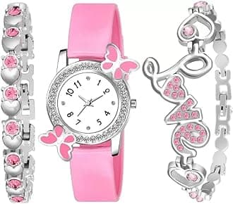 Acnos® Premium White Dial Diamond Pink Analog Watch Love Heart Diamond Bracelet for Girls Best Design Butterfly Combo 3 Pack of 3