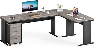 LITTLE TREE 82.67" Long Executive Desk with Drawers, Large L-Shaped Office Desk with Mobile File Cabinet, Farmhouse Computer Office Furniture Work Desk with Storage for Home Office, Gray