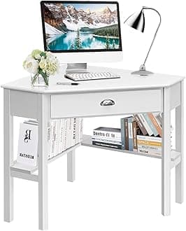 Tangkula White Corner Desk with Drawer, Storage Shelves for Computer, Makeup Vanity Desk for Small Space, 90 Degrees Triangle Desk