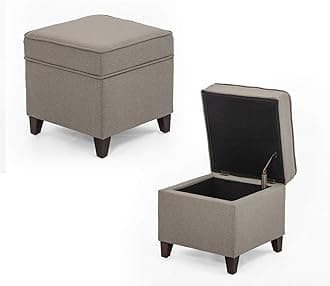Adeco Fabric Ottoman with Storage Chest and Footrest - Square Seat, Light Brown