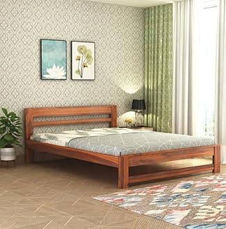 RJ ART Wooden Queen Size Bed Without Storage | Wooden Double Bed Cot Bed for Bedroom Furniture | Palang Double Bed for Hotels | Solid Sheesham Wood | Honey Finish