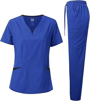 Scrubs for Women Set – 4-Way Stretch Contrast V-Neck Top and Pants Sets for Women – 9 Pockets