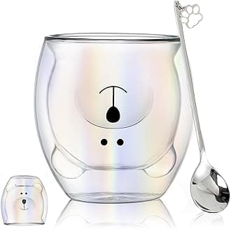 Bear Cup Cute Mugs for Women Iridescent Glass Double Wall Insulated Glasses Espresso Cup, Coffee Cup,Tea Cup,Milk Cup, Friend Gifts for Women Birthday Christmas Office and Personal