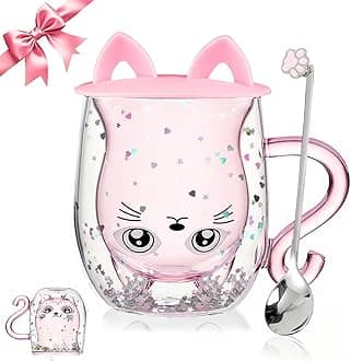 Gifts for Women Cat Gifts Double Walled Glass Coffee Latte Cup Cute Stuff Cat Mug Gifts for Her Christmas Stocking Fillers,Birthday,Valentines,Halloween Presents for Women,Kid,Mum,Teacher