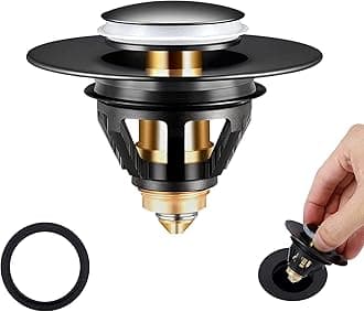 Sink Plug, Bathroom Pop Up Sink Plug Replacement Spring Core Copper, Black Universal Bath Plug Brass Bounce Core Push Type, Basin Plug No Overflow Filter with Hair Catcher (34-38mm)