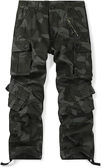 OCHENTA Men's Cotton Casual Cargo Work Pants Baggy Camo Tactical Combat Trousers with 8 Pockets (No Belt)