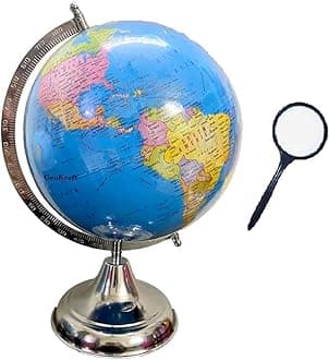 GeoKraft Political Educational 8 Inch Rotating World Globe with Nickel Plated Metal Base,Blue,Pack of 1 set