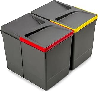 Grey Plastic Waste Bins, Set of 2, 15L Each, Total 30L Capacity, Square Shape, Open-Top, With Lid, Kitchen Bin