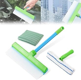 Window Cleaning Kit, Window Squeegee, Recyclable Silicone Window Squeegee Kit, 3 in 1 Glass Cleaning Tool with Rotatable Rubber Microfiber Scrubber (1 Set)
