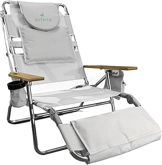 Ostrich the Deluxe 3N1 Reclining Lounge Chair, Folding Outdoor Lounger and Extra-Wide Beach Chair with Wooden Armrests and Face Hole, White