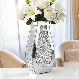 Flower Vase Crushed Diamond Mirrored Vase Crystal Silver Glass Decorative Mirror Vase Large Size Luxury for Home Decor. Arc-Shaped Thickened. Can’t Hold Water.