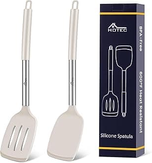 Silicone Spatula Set of 2 Heat-Resistant 600°F & BPA-Free Kitchen SaptulaTurner with Stainless Steel Handles, Slotted & Solid Spatulas for Nonstick Cookware, 13.7 Inch, Khaki