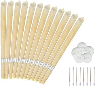 Ear Candles, Ear Wax Remover Candle Kit with Natural Organic Beeswax for Blocked Ears, 12 Pcs Ear Wax Candles Removal Kit with Drip Protectors Disks and Cotton Swab