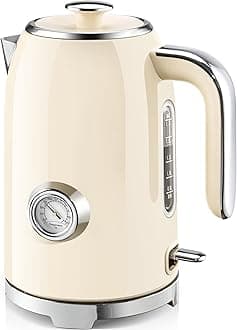 Electric Kettle - 57oz Hot Tea Kettle Water Boiler with Thermometer, 1500W Fast Heating Stainless Steel Tea Pot, Cordless with LED Indicator, Auto Shut-Off & Boil Dry Protection, Beige