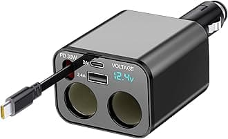 Retractable Car Charger, 5 in 1 Fast Car Phone Charger with 2-Socket Cigarette Lighter Splitter, Retractable Cable, USB A and USB C Ports for iPhone 16 15,GPS,Dash Cam,Laptop,iPad,Galaxy,Pixel