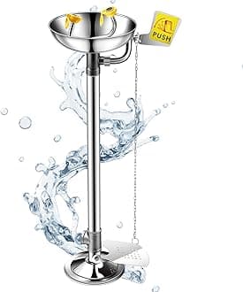 Eye Wash Station Stand up Emergency Pedestal Mounted Eyewash Station Adjustable Water Flow Hands Free Operation Stainless Steel Floor Mount Eyewash with Dual Spray Head and Pedal(Silver)