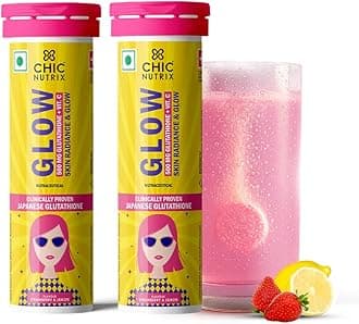 Glow Glutathione Effervescent Tablets with Vitamin C |Japanese Glutathione 500mg For Radiant, Even-Toned and Glowing Skin | Sugar-Free| Strawberry Lemon Flavour, 10 Tablets (Pack of 2)