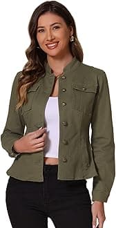 Allegra K Casual Denim Jacket for Women's Classic Stand Collar Long Sleeve Jean Jacket