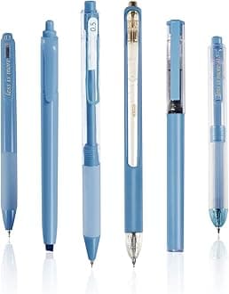 BAYTORY 5Pcs Gel Pens and 1Pc Highlighter, Quick Dry Ink Pen Fine Point Black 0.5mm, Aesthetic Retractable Rolling Ball Pen Smooth Writing for Journaling (Blue)