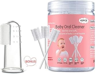 EASICUTI Baby Tongue Cleaner, 42Pcs Disposable Infant Toothbrush, Gauze Gum Cleaner Baby Oral Cleaning Stick Dental Care for 0-36 Months + Free 1 Finger Toothbrush