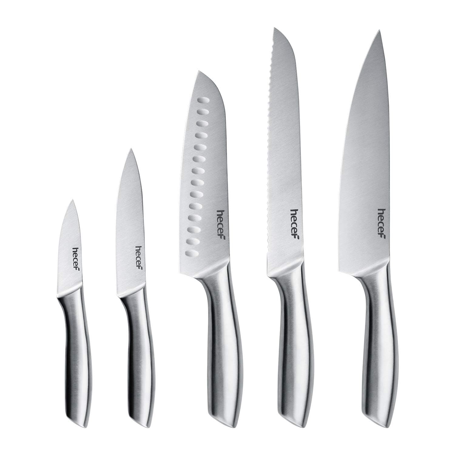 Premium Kitchen Knife Set of 5, Satin Finish Blade with Hollow Handle, Includes 8" Chef, 8" Bread Knife,8" Santoku,5" Utility & 3.5" Paring Knife