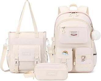 MUSEVOSKawaii Girls Backpack for School with Convertible Shoulder Tote Bag，Cute Teenage Multiple Pockets Backpack for Primary Elementary High School, Milk White 3 Pcs Set