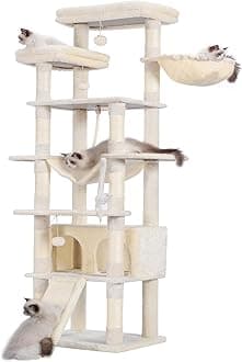 Heybly Tall Cat Tree, 78-inch Multi-Level Cat Tower for Indoor Cats, 2 Widened Plush Perches Cat Condo with Scratching Board and Big Caves, Beige HCT033M