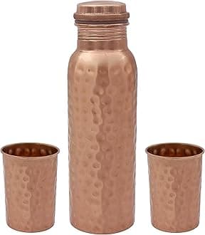 KHC 100% Pure Copper Water Bottle Handcrafted | 34 Oz 1 Litter Copper Water Vessel - Drink More Water Bottle in many Patterns– Large -Leak Proof (Hammered Polish Combo Copper Bottle)
