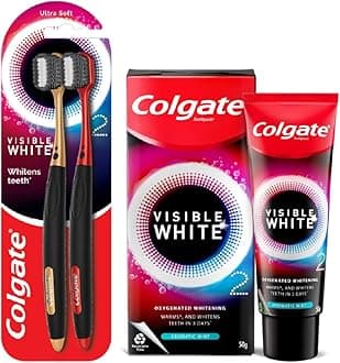 Colgate Visible White O2 Teeth Whitening Toothpaste - Aromatic Mint 50g & Colgate Visible White O2 Toothbrush Ultra Soft - 2pcs