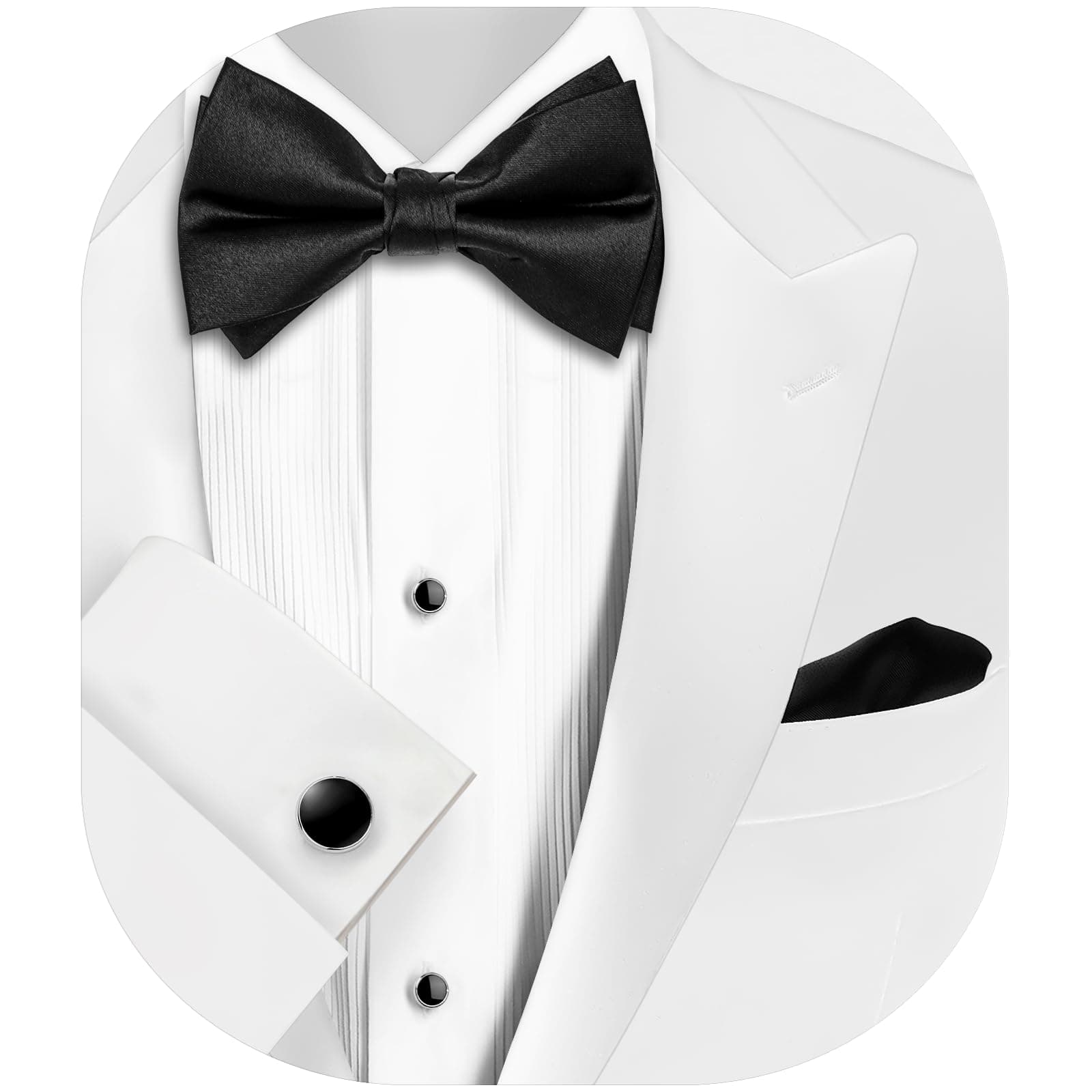 HAWSONBlack Bow Ties Pocket Square Set with Cufflinks and Studs,Men's Adjustable Pre-Tied Silk Tuxedo Bow tie for Wedding.